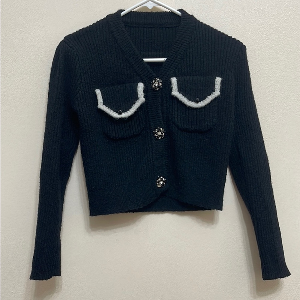 Black Cardigan with White Trim
